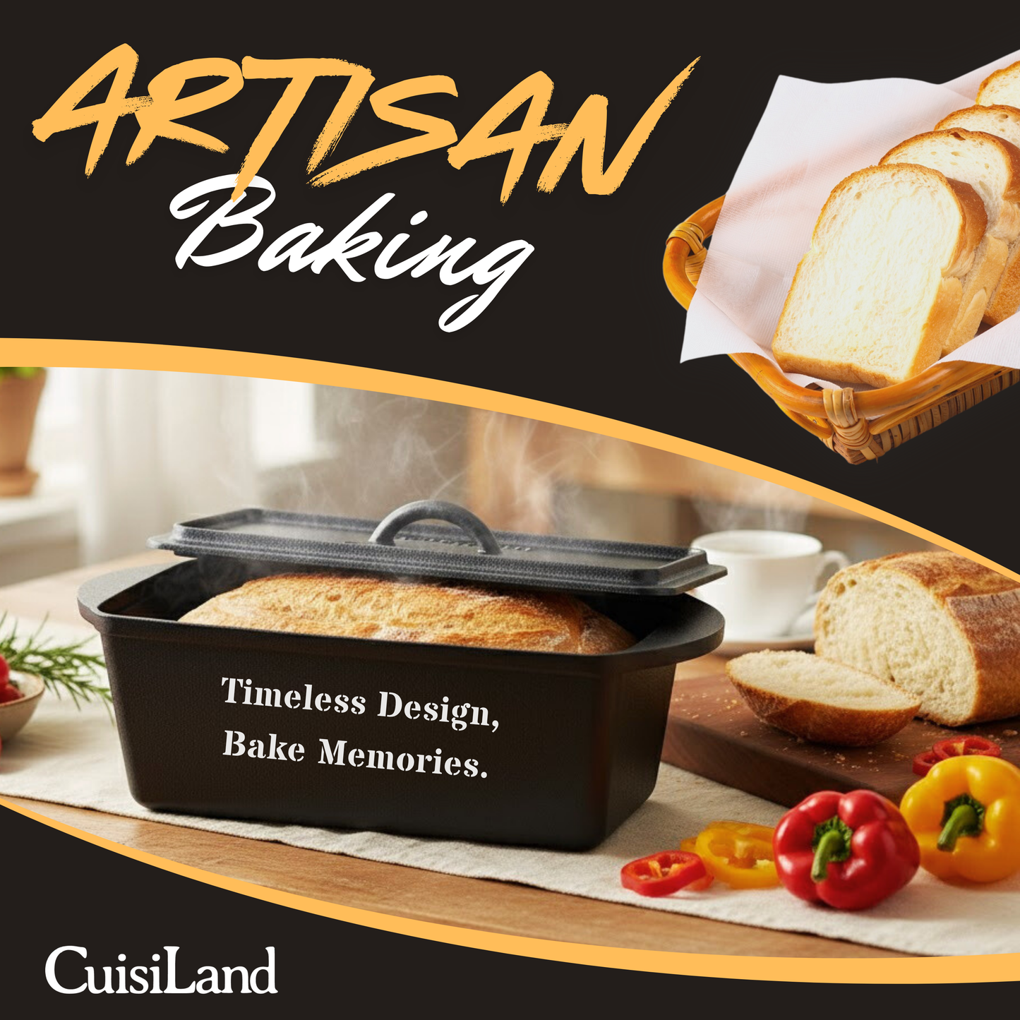 Cuisiland Cast Iron Rectangular Bread Loaf Pan, Heavy Duty 11x4.75x4,25" (14"L/Handles) with Lid