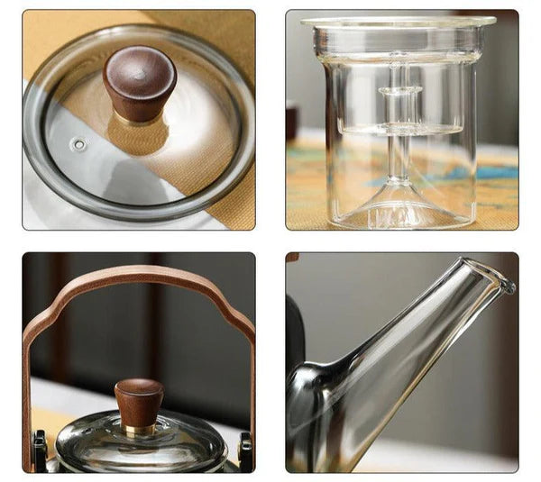 Borosilicate Glass Teapot in Dark Grey Tone with Wooden Handle; Removable Boiling and Steaming Glass Filters (1200ml)