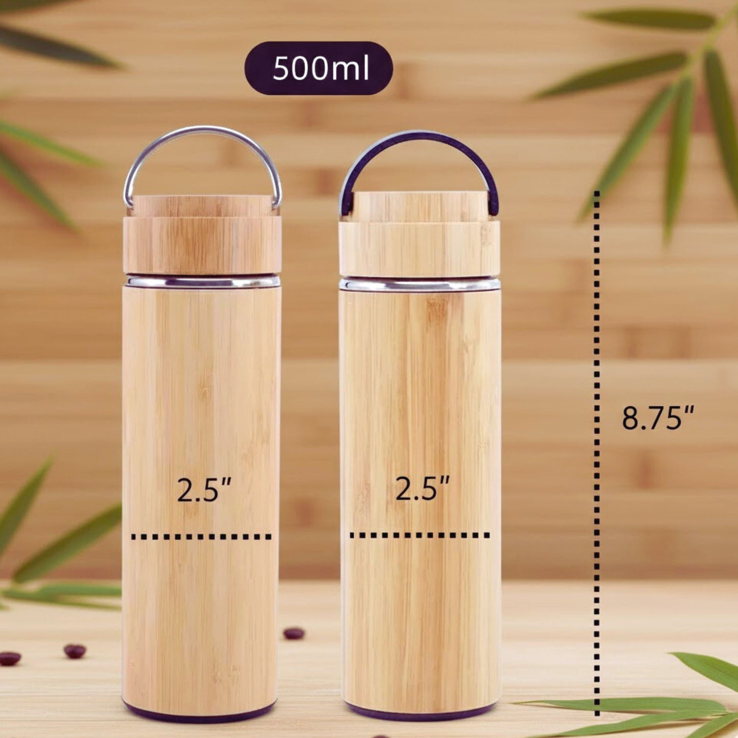Cuisiland 17oz/500ml Bamboo Vacuum Insulated Tea Bottle with Handle – Premium Quality 304 Stainless Steel, Double Infuser Basket, Ultra-Fine Mesh Filter, Leakproof Hot & Cold Drink Tumbler