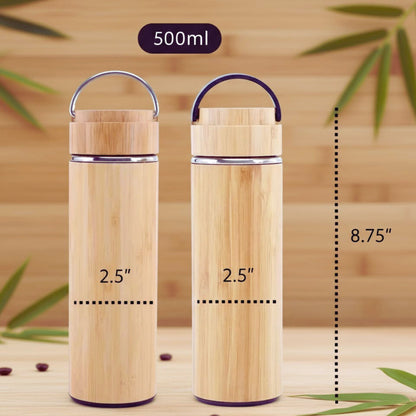 Cuisiland 17oz/500ml Bamboo Vacuum Insulated Tea Bottle with Handle – Premium Quality 304 Stainless Steel, Double Infuser Basket, Ultra-Fine Mesh Filter, Leakproof Hot & Cold Drink Tumbler