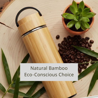 Cuisiland 17oz/500ml Bamboo Vacuum Insulated Tea Bottle with Handle – Premium Quality 304 Stainless Steel, Double Infuser Basket, Ultra-Fine Mesh Filter, Leakproof Hot & Cold Drink Tumbler