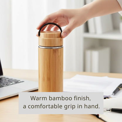 Cuisiland 17oz/500ml Bamboo Vacuum Insulated Tea Bottle with Handle – Premium Quality 304 Stainless Steel, Double Infuser Basket, Ultra-Fine Mesh Filter, Leakproof Hot & Cold Drink Tumbler