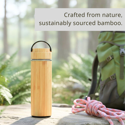 Cuisiland 17oz/500ml Bamboo Vacuum Insulated Tea Bottle with Handle – Premium Quality 304 Stainless Steel, Double Infuser Basket, Ultra-Fine Mesh Filter, Leakproof Hot & Cold Drink Tumbler