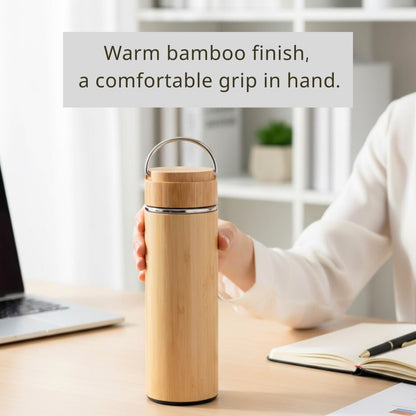 Cuisiland 17oz/500ml Bamboo Vacuum Insulated Tea Bottle with Handle – Premium Quality 304 Stainless Steel, Double Infuser Basket, Ultra-Fine Mesh Filter, Leakproof Hot & Cold Drink Tumbler