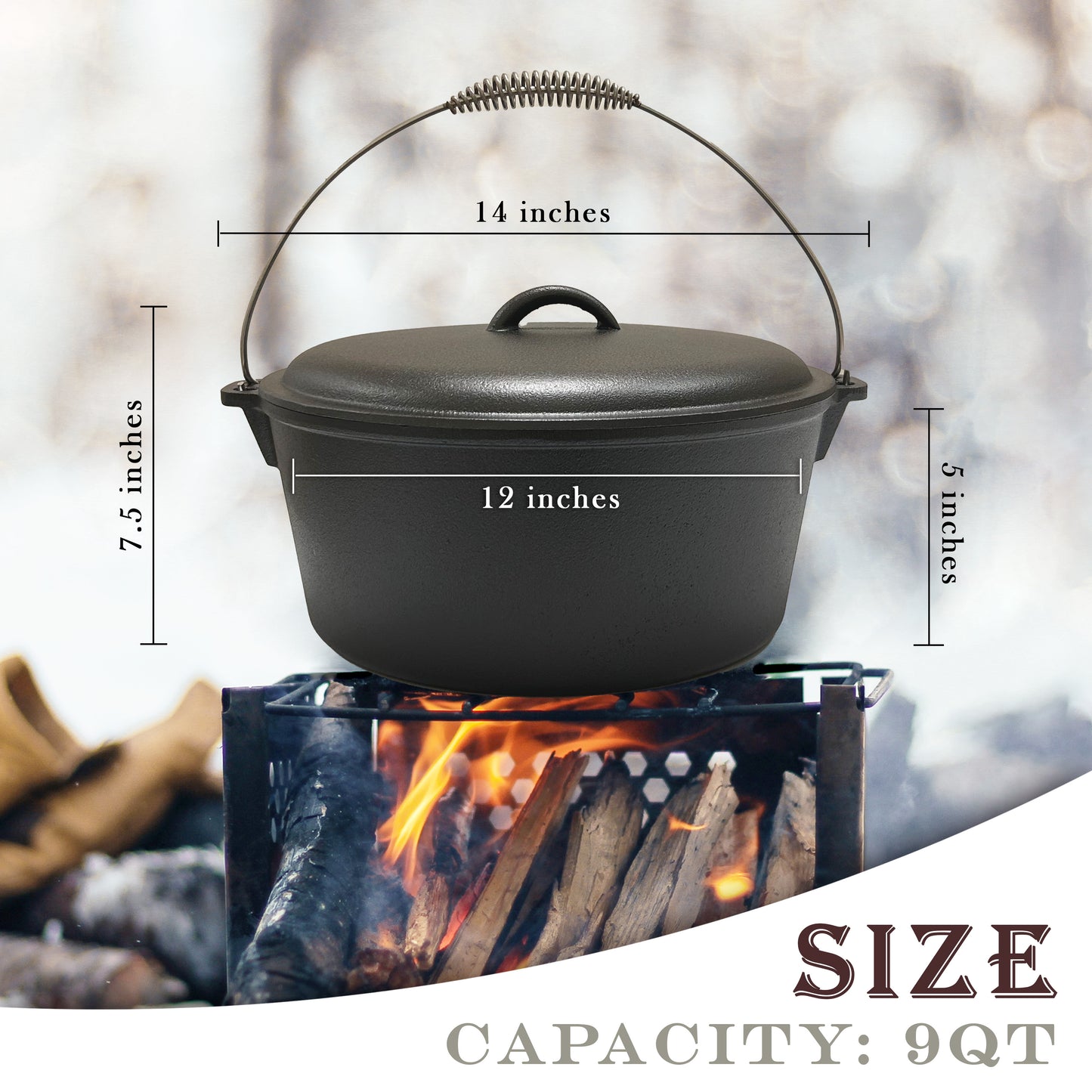9QT Pre-seasoned Dutch Oven - Dome Lid, Flat Base