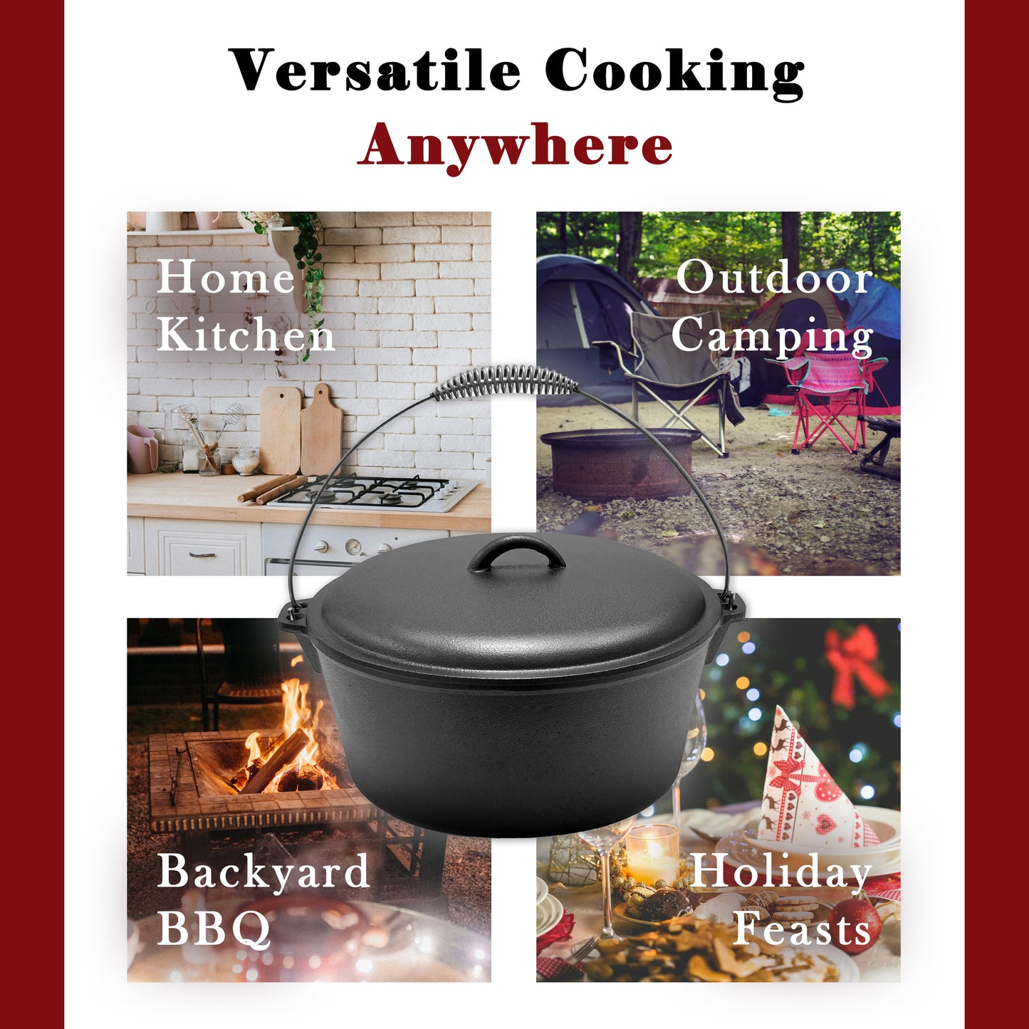 9QT Pre-seasoned Dutch Oven - Dome Lid, Flat Base