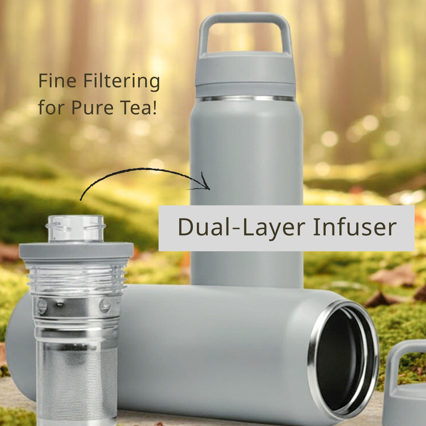 Cuisiland 23oz / 700ml Vacuum Insulated Premium Quality Stainless Steel Tea Bottle – Double Basket with Ultra-Fine Mesh, Double Wall, Leakproof Hot & Cold Drink Bottle with Handle