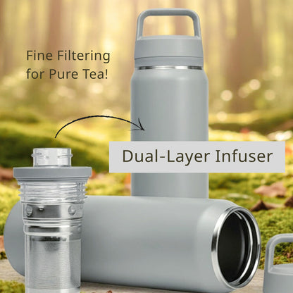 Cuisiland 23oz / 700ml Vacuum Insulated Premium Quality Stainless Steel Tea Bottle – Double Basket with Ultra-Fine Mesh, Double Wall, Leakproof Hot & Cold Drink Bottle with Handle