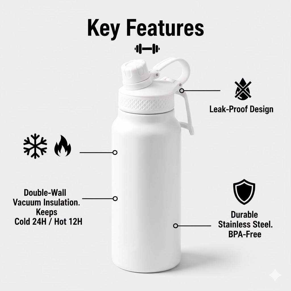 Cuisiland 25oz / 750ml Stainless Steel Sports Water Bottle with Straw and Direct Drink Lid – Vacuum Insulated Double Wall Flask, Leakproof, Portable Handle, Hot & Cold Thermos
